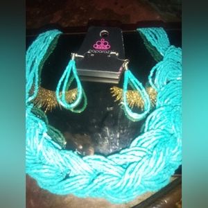 Beaded turquoise blue braided necklace and beaded turquoise blue earrings set